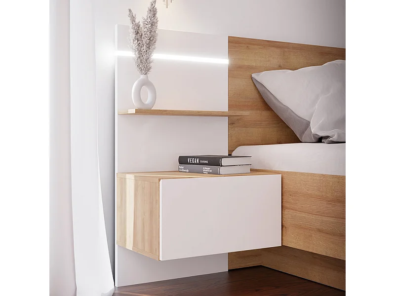 Lot 2 de chevets 98,5 cm décor chêne et blanc LED intégrés – ILLYA