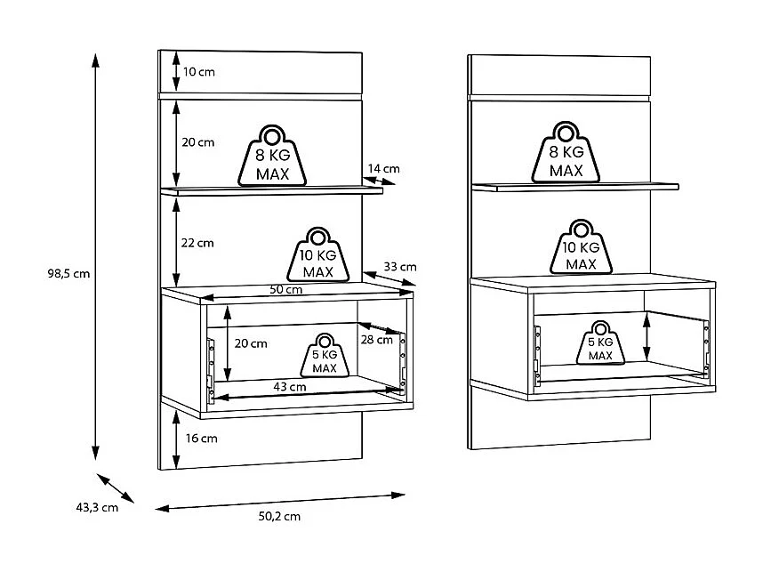Lot 2 de chevets 98,5 cm décor chêne et blanc LED intégrés – ILLYA