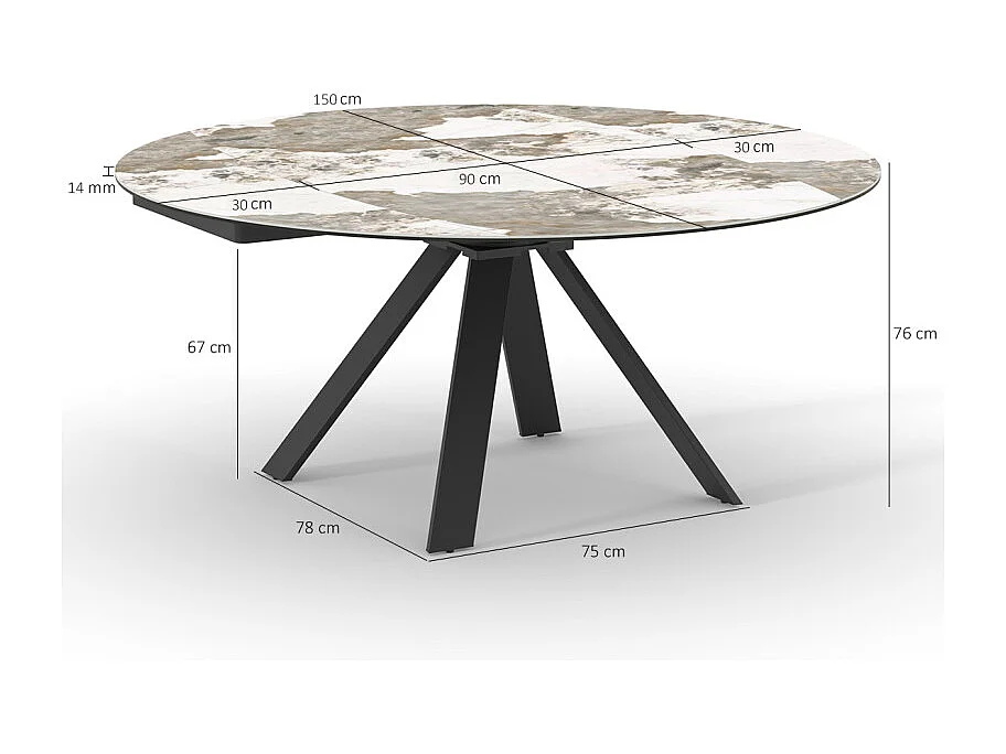 Table extensible ronde 90 à 150 cm céramique marbré - PATAGONIA