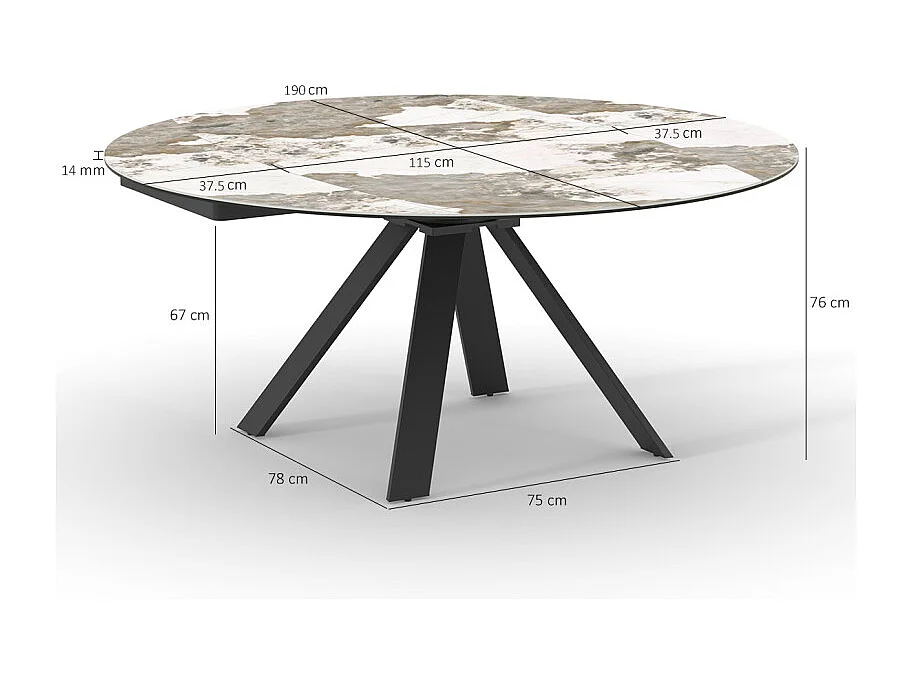 Table extensible ronde 115 à 190 cm céramique marbré - PATAGONIA