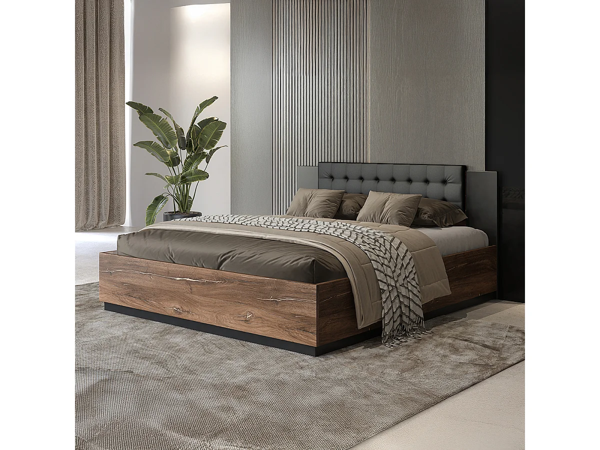 Cama com arrumação com base Alec madeira escura e preto 160x200