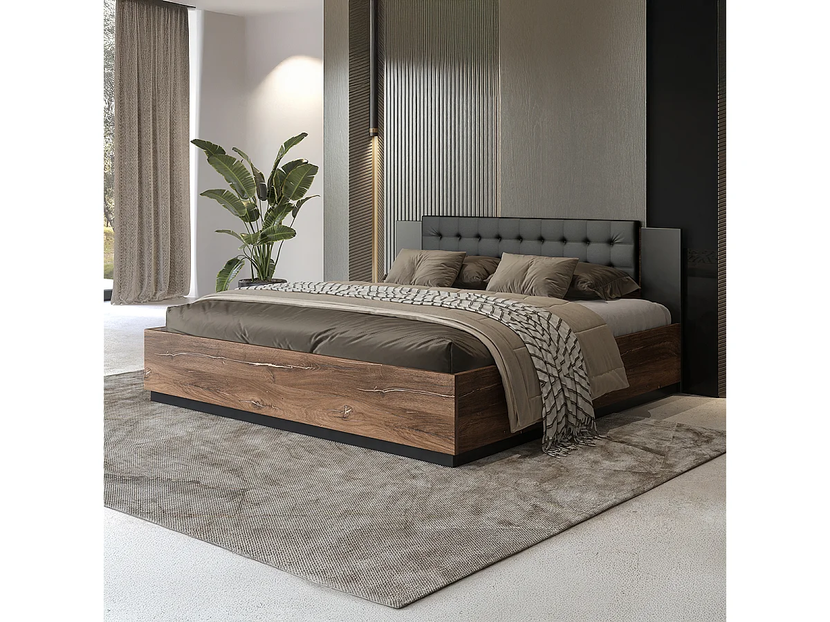 Cama com arrumação com base Alec madeira escura e preto 180x200