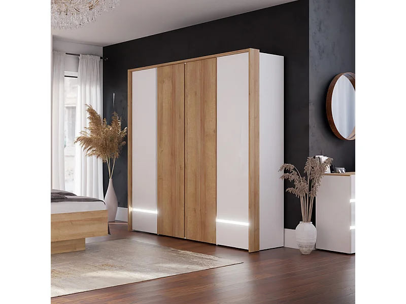 Armoire dressing 204 cm décor bois chêne et blanc avec LED – ILLYA