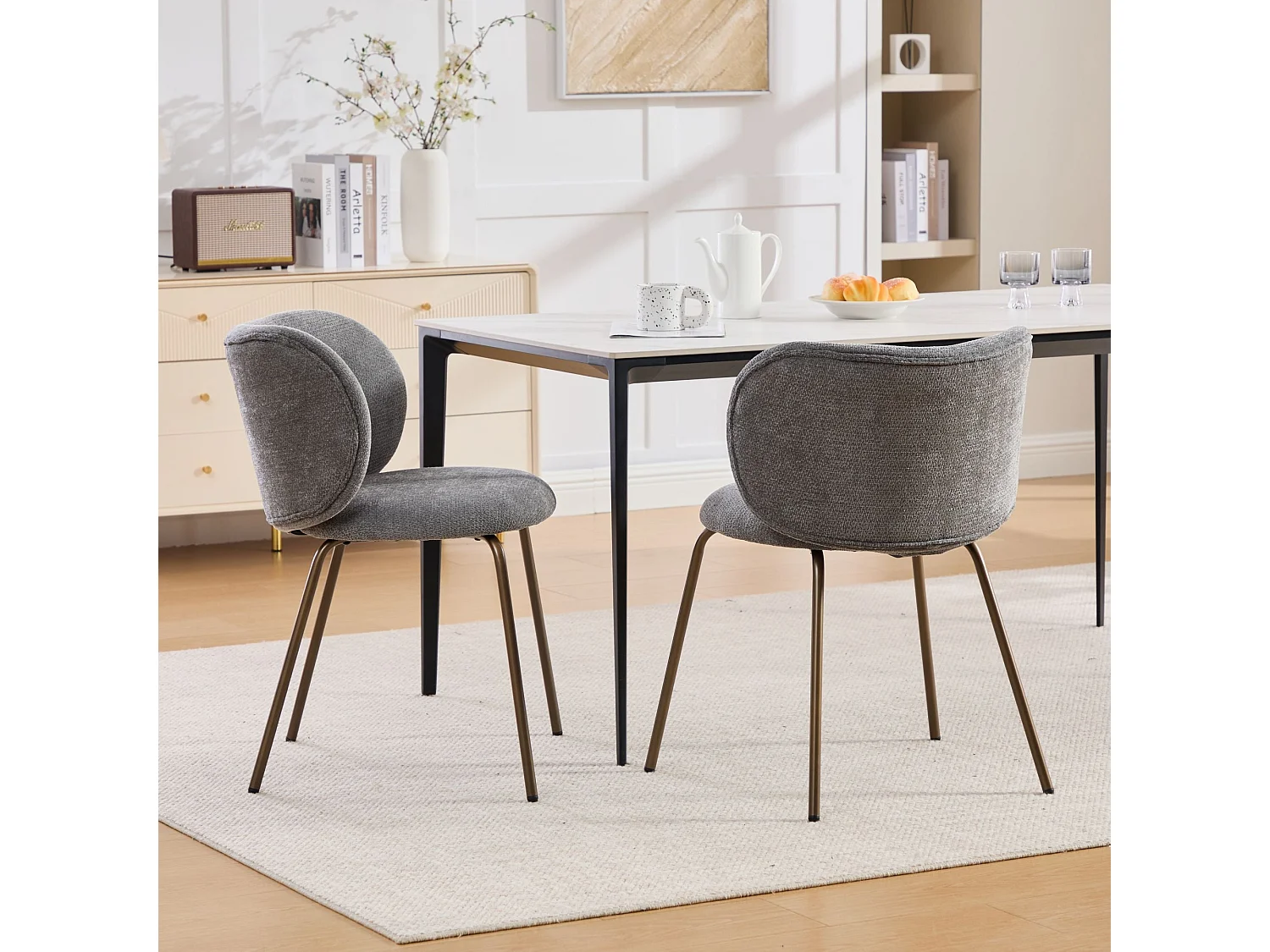 Lot de 2 chaises de salle à manger en chenille moderne – gris, dossier incurvé confortable, assise douce, pieds en métal bronze