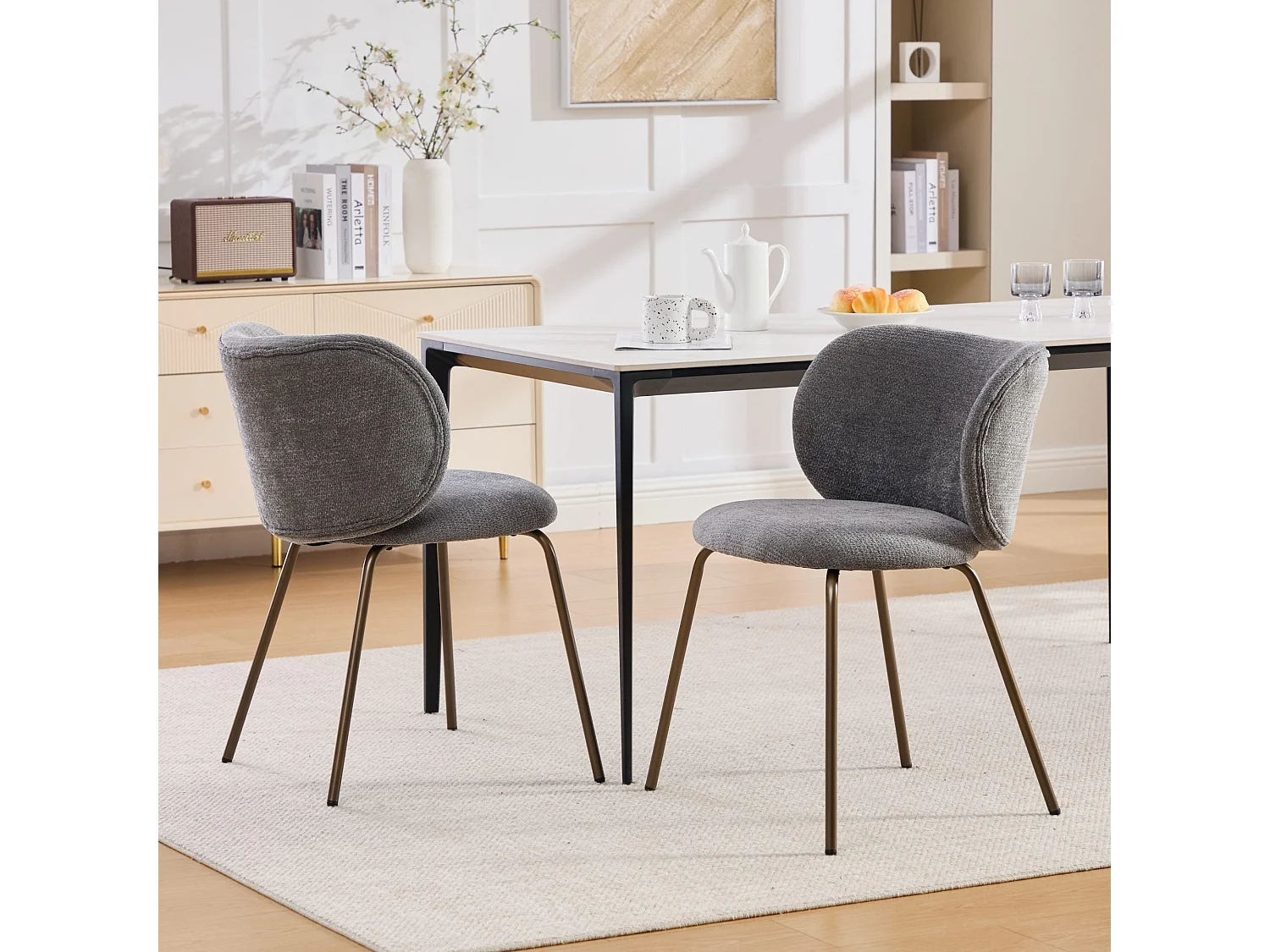 Lot de 2 chaises de salle à manger en chenille moderne – gris, dossier incurvé confortable, assise douce, pieds en métal bronze