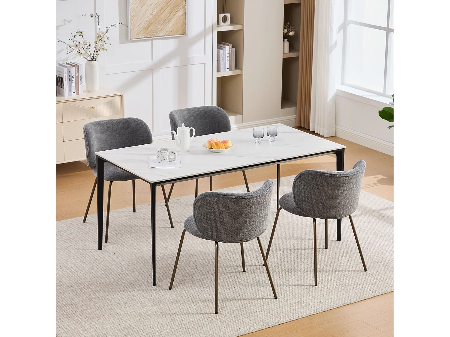 Lot de 2 chaises de salle à manger en chenille moderne – gris, dossier incurvé confortable, assise douce, pieds en métal bronze