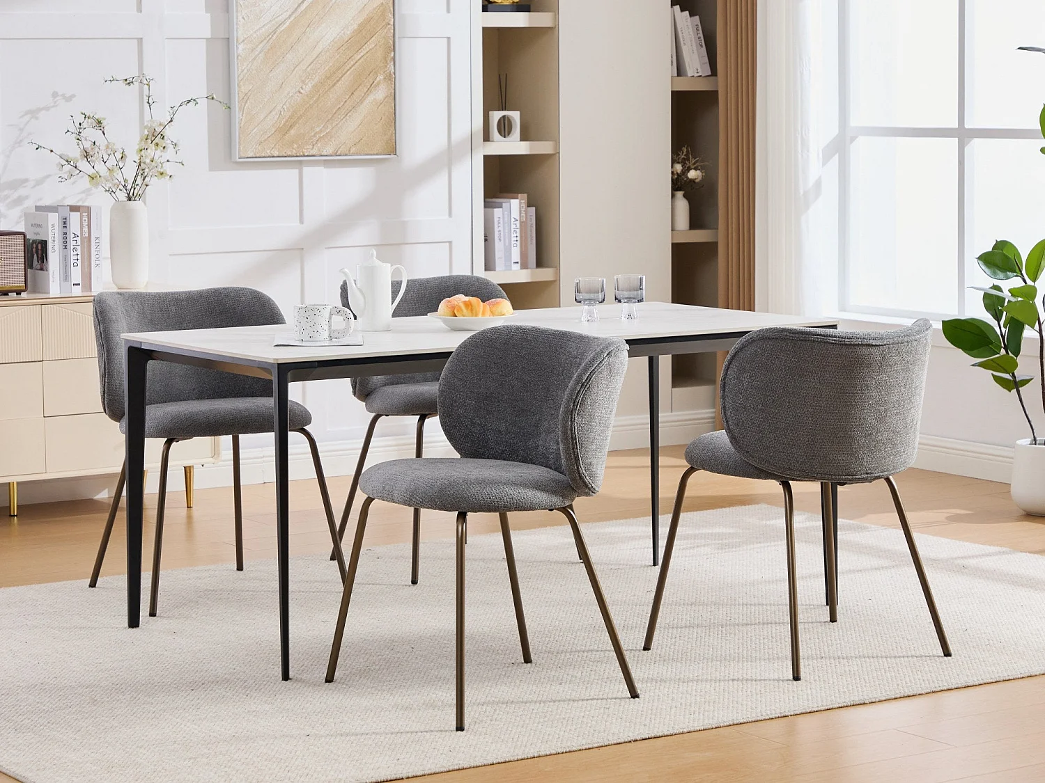 Lot de 2 chaises de salle à manger en chenille moderne – gris, dossier incurvé confortable, assise douce, pieds en métal bronze