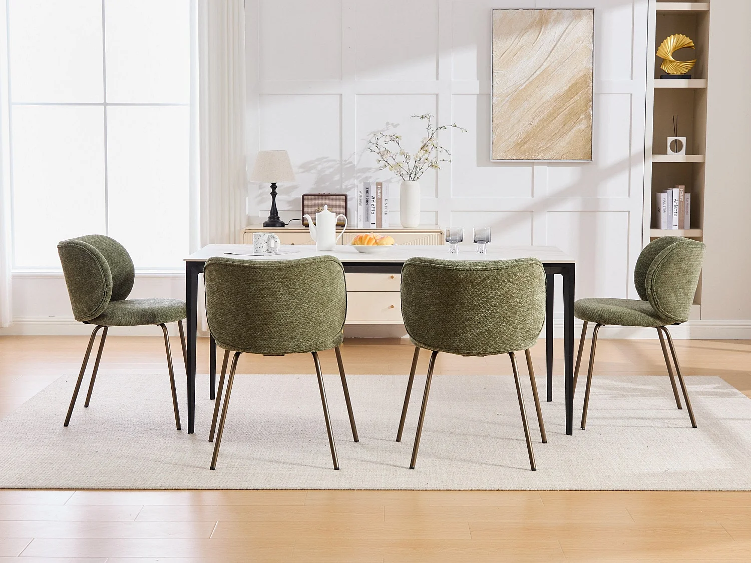 Lot de 2 chaises de salle à manger en chenille moderne – vert, dossier incurvé confortable, assise douce, pieds en métal bronze