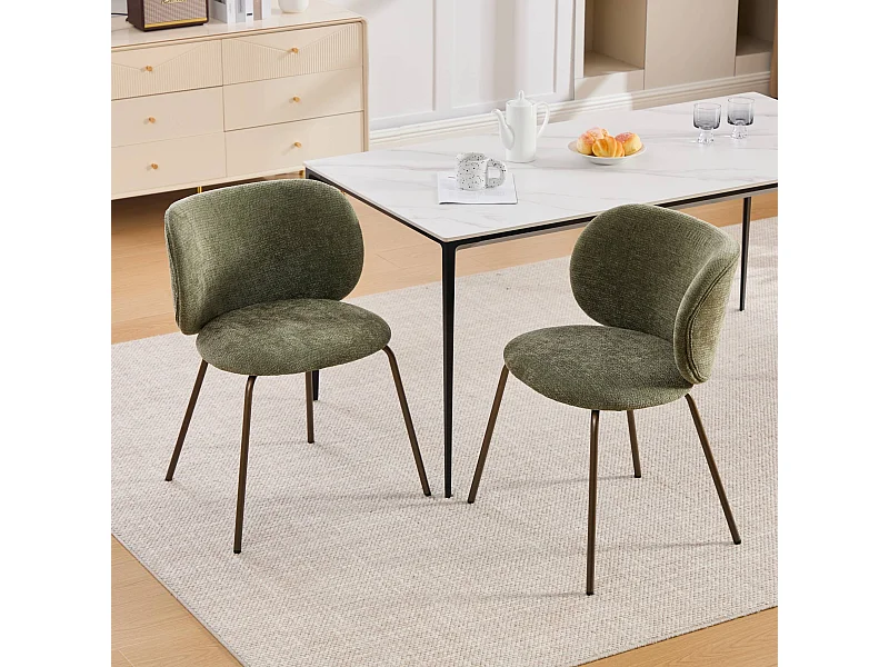 Lot de 2 chaises de salle à manger en chenille moderne – vert, dossier incurvé confortable, pieds en métal bronze