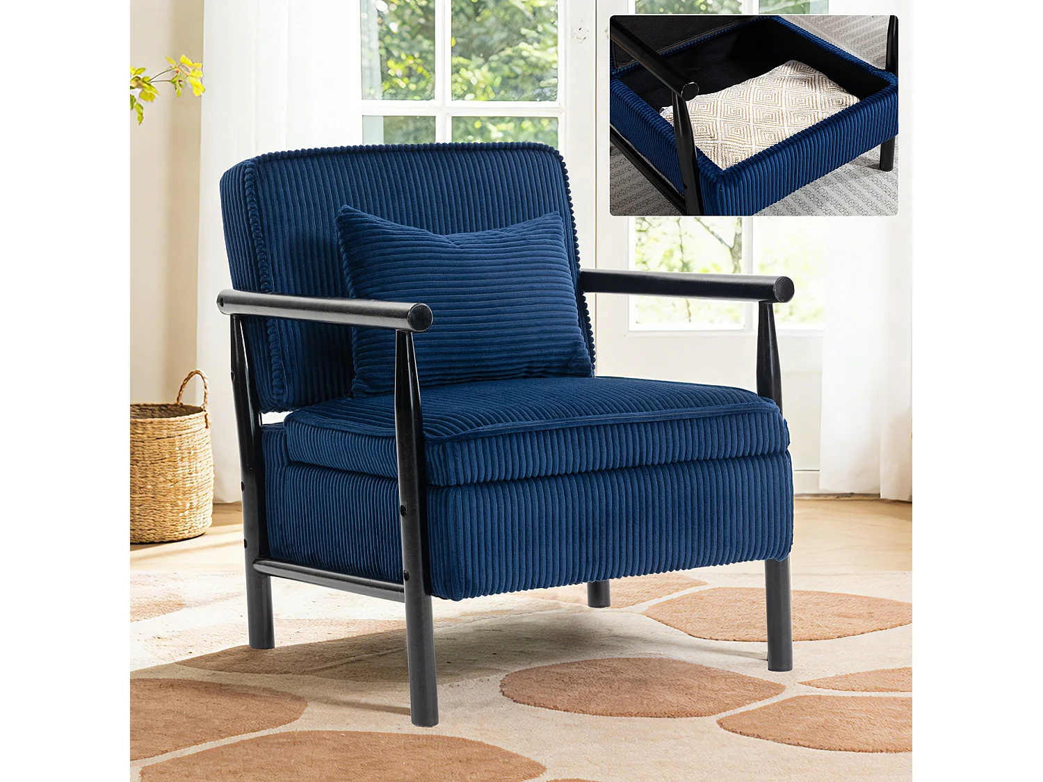 Fauteuil bleu de style médiéval en bois avec espace de rangement, convenant aux chambres et aux vérandas