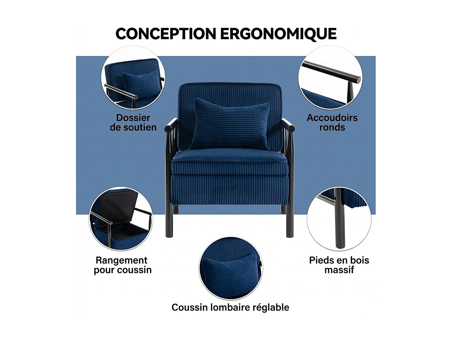 Fauteuil bleu de style médiéval en bois avec espace de rangement, convenant aux chambres et aux vérandas
