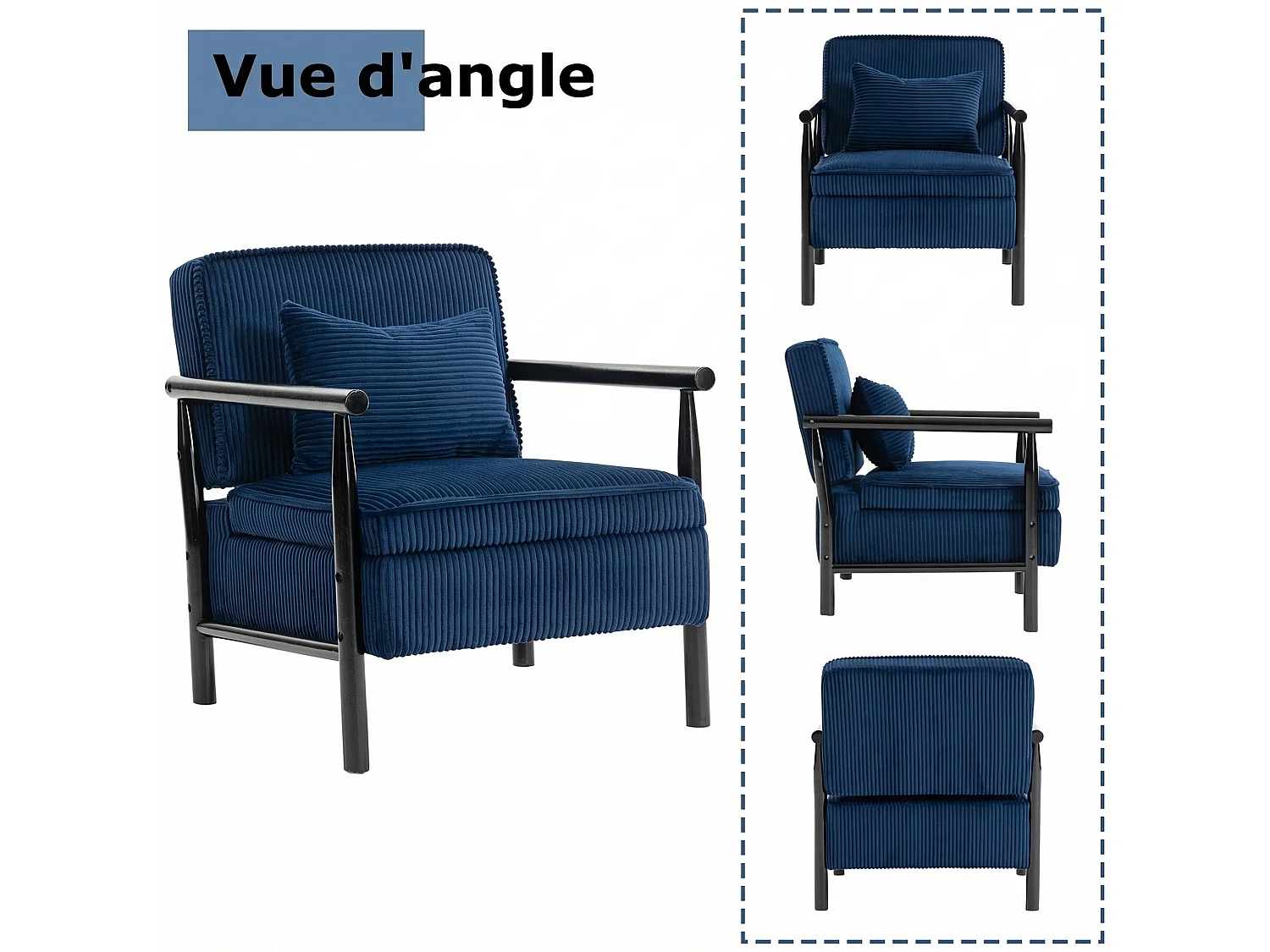 Fauteuil bleu de style médiéval en bois avec espace de rangement, convenant aux chambres et aux vérandas