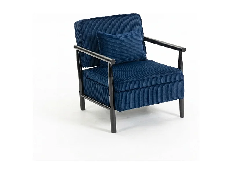 Fauteuil bleu de style médiéval en bois avec espace de rangement, convenant aux chambres et aux vérandas