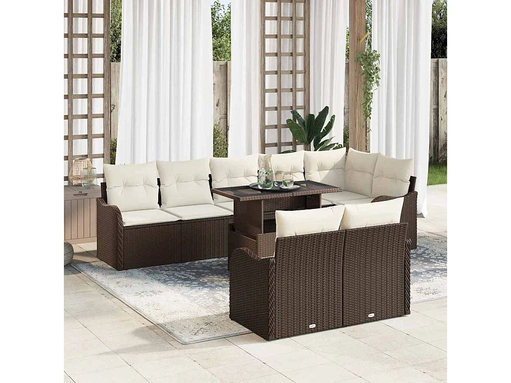 Conjunto de sofá de jardín con cojín 9 pcs Marrón Poliratán