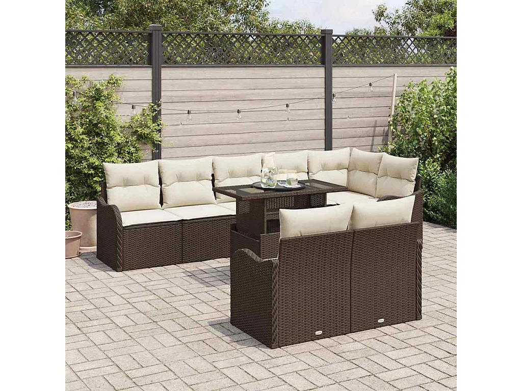 Conjunto de sofá de jardín con cojín 9 pcs Marrón Poliratán