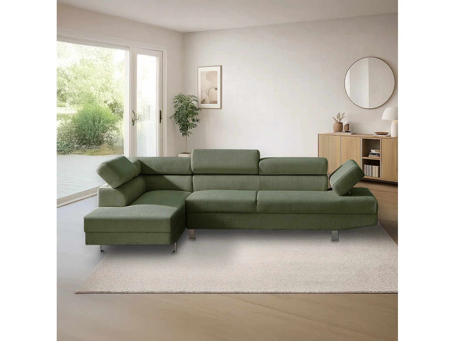 Canapé d'angle gauche avec têtières relevables Palerme velours côtelé vert