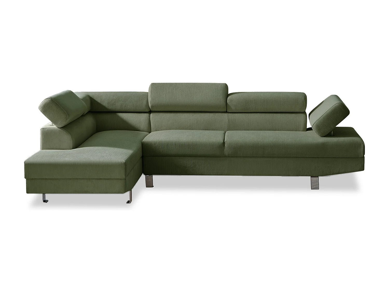 Canapé d'angle gauche avec têtières relevables Palerme velours côtelé vert