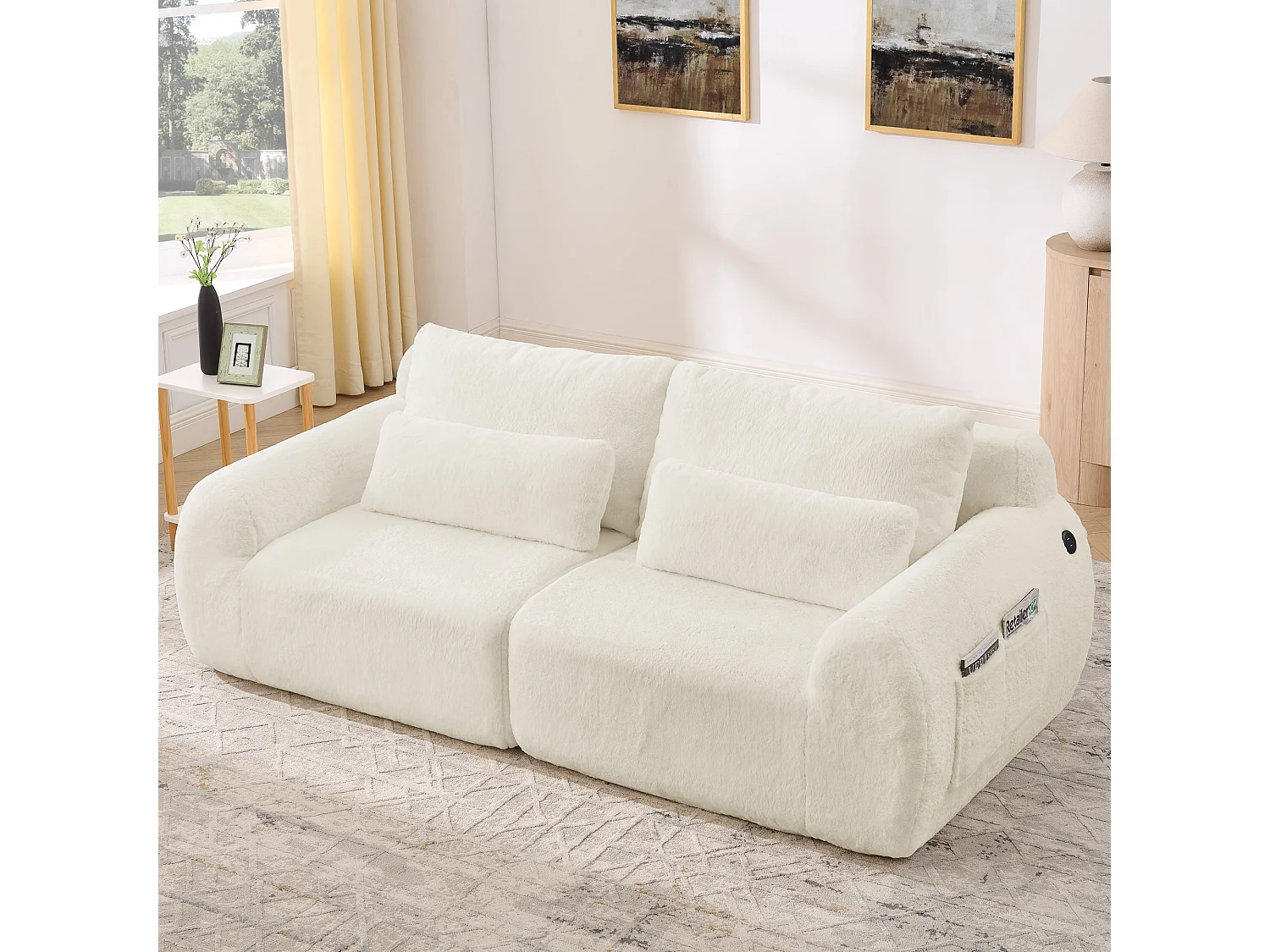 Canapé 2 Places Beige, Canapé loveseat, Tissu Doux Effet Fourrure de Lapin, Dossier Haut, USB et Pochette Latérale