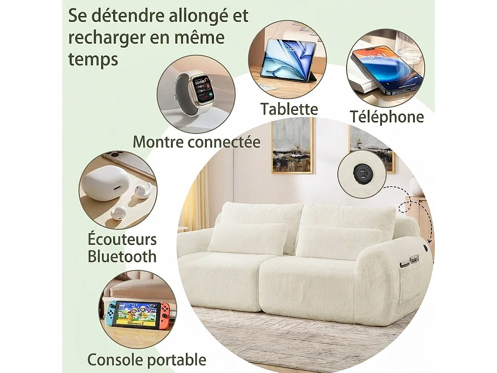 Canapé 2 Places Beige, Canapé loveseat, Tissu Doux Effet Fourrure de Lapin, Dossier Haut, USB et Pochette Latérale