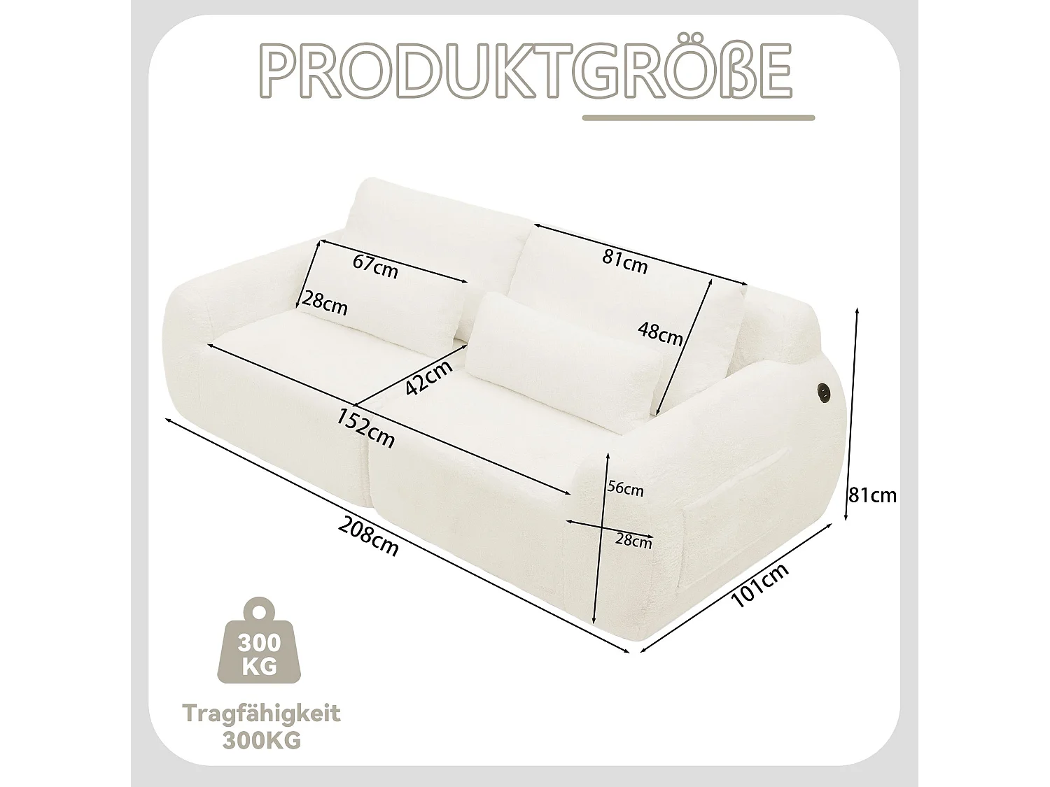 Canapé 2 Places Beige, Canapé loveseat, Tissu Doux Effet Fourrure de Lapin, Dossier Haut, USB et Pochette Latérale