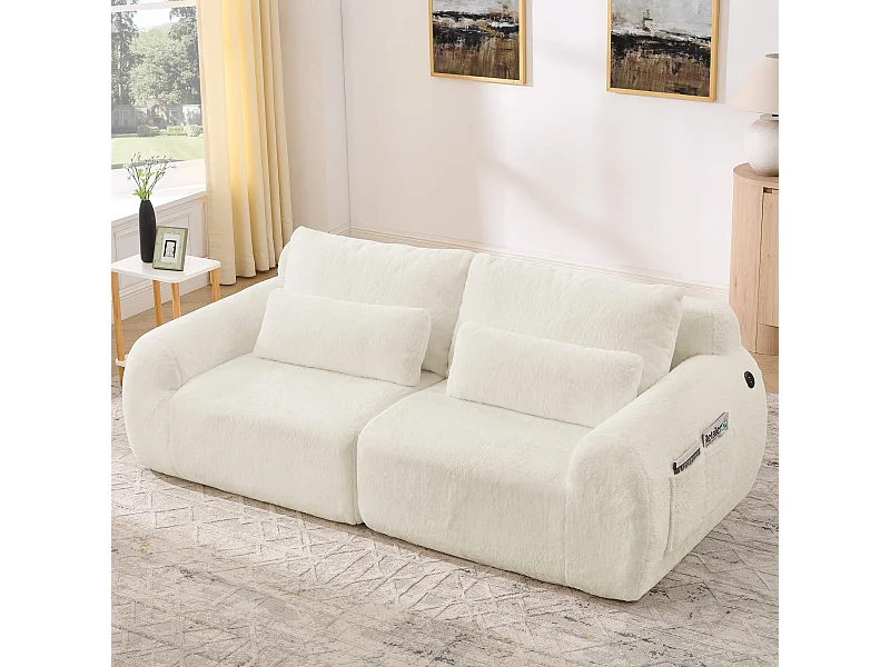 Canapé 2 Places Beige, Canapé loveseat, Tissu Doux Effet Fourrure de Lapin, Dossier Haut, USB et Pochette Latérale