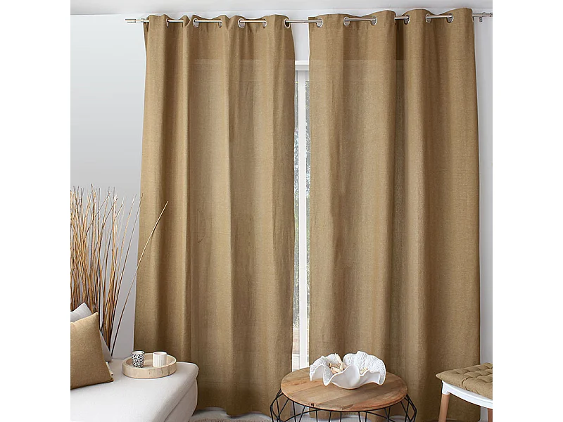 2 Rideaux décoratifs avec Œillets, 140x240cm, Beige Ocre, coton chambray, Collection CAMBRIA