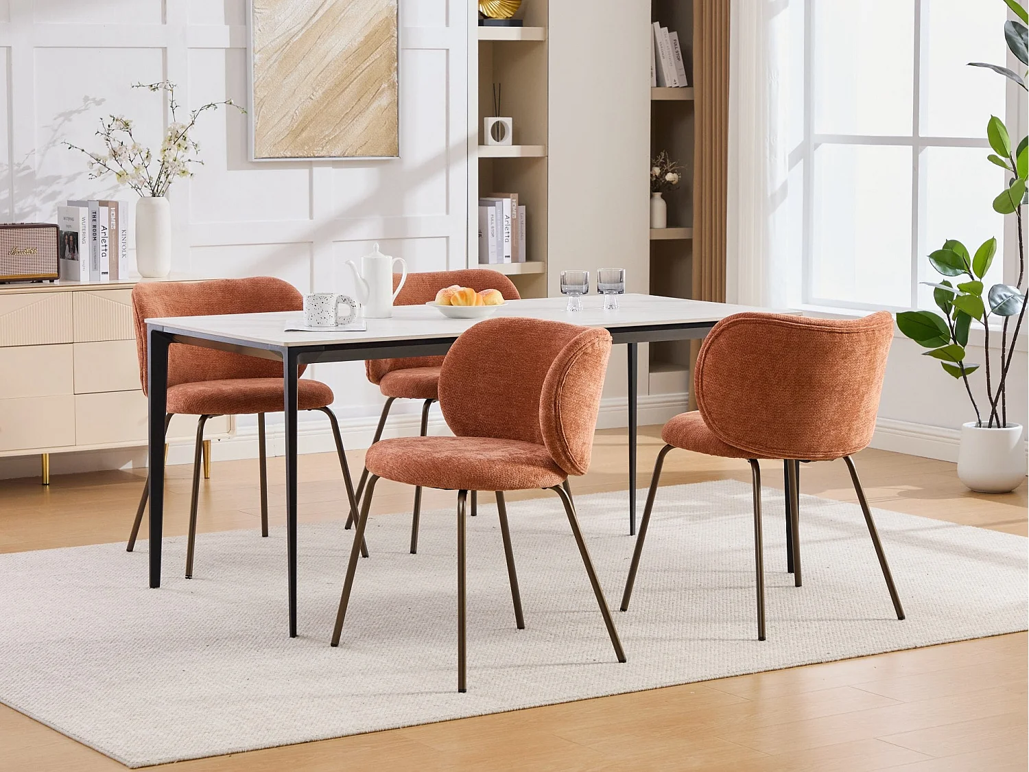 Lot de 2 chaises de salle à manger en chenille moderne – orange, dossier incurvé confortable, assise douce, pieds en métal bronze
