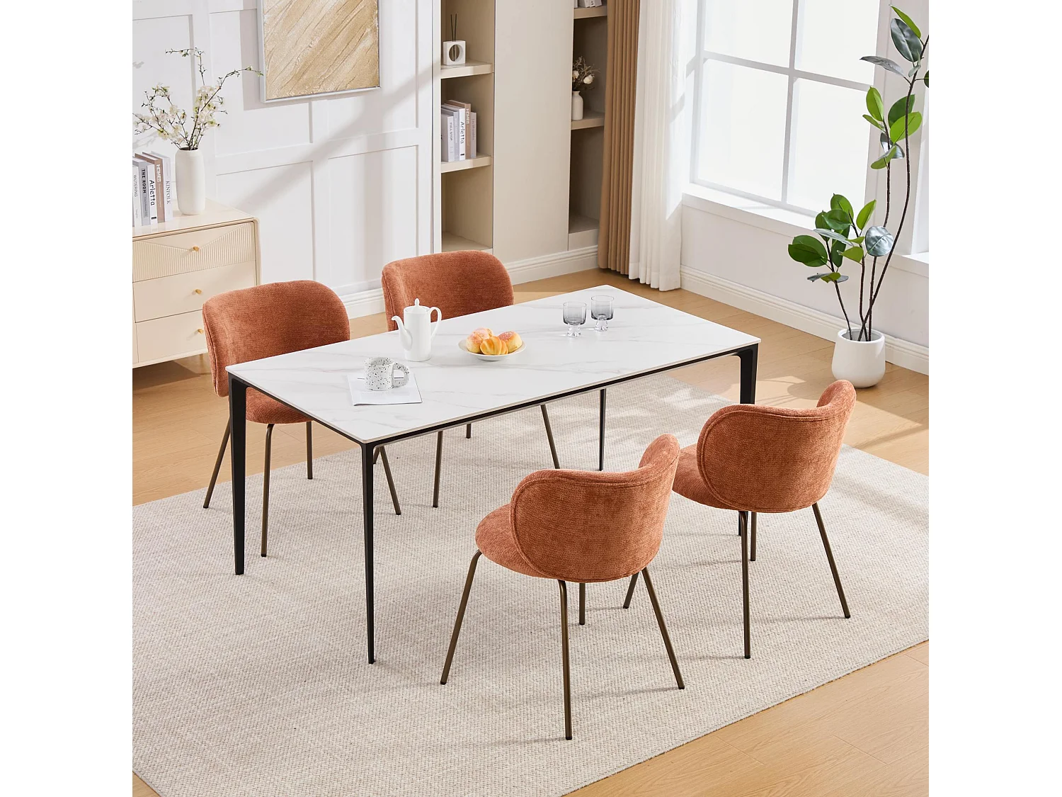 Lot de 2 chaises de salle à manger en chenille moderne – orange, dossier incurvé confortable, pieds en métal bronze