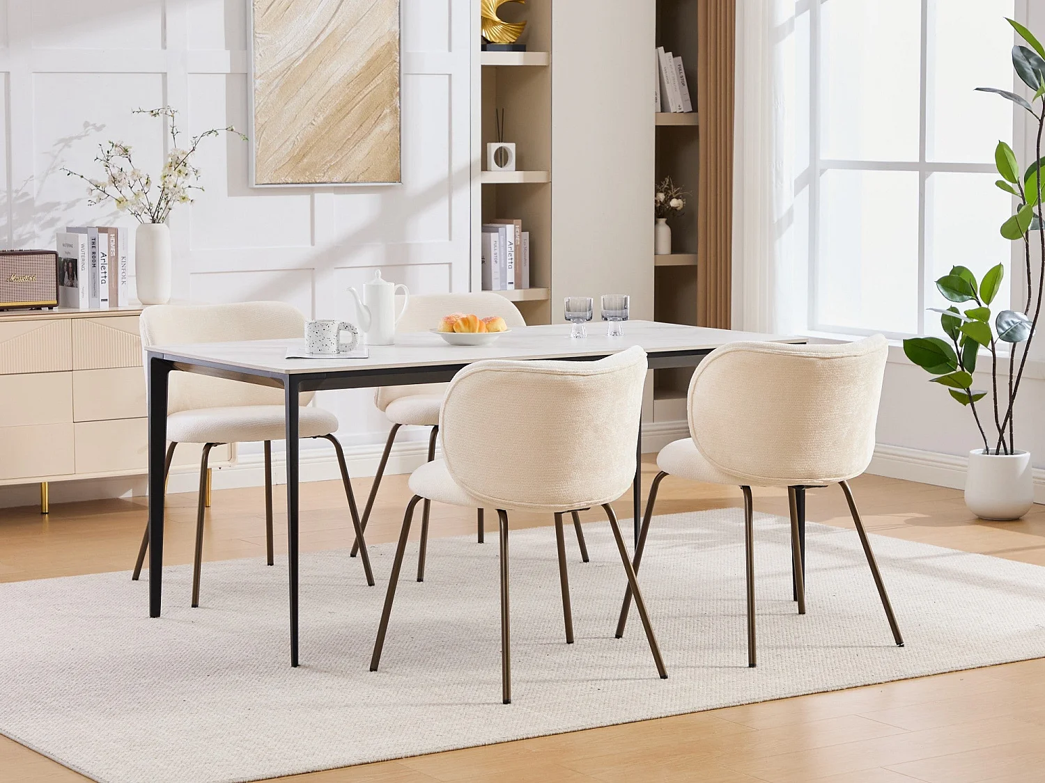 Lot de 2 chaises de salle à manger en chenille moderne – beige, dossier incurvé confortable, assise douce, pieds en métal bronze