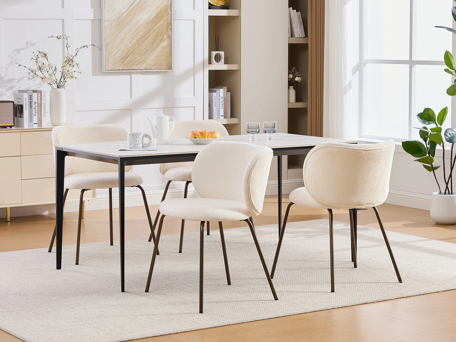 Lot de 2 chaises de salle à manger en chenille moderne – beige, dossier incurvé confortable, assise douce, pieds en métal bronze