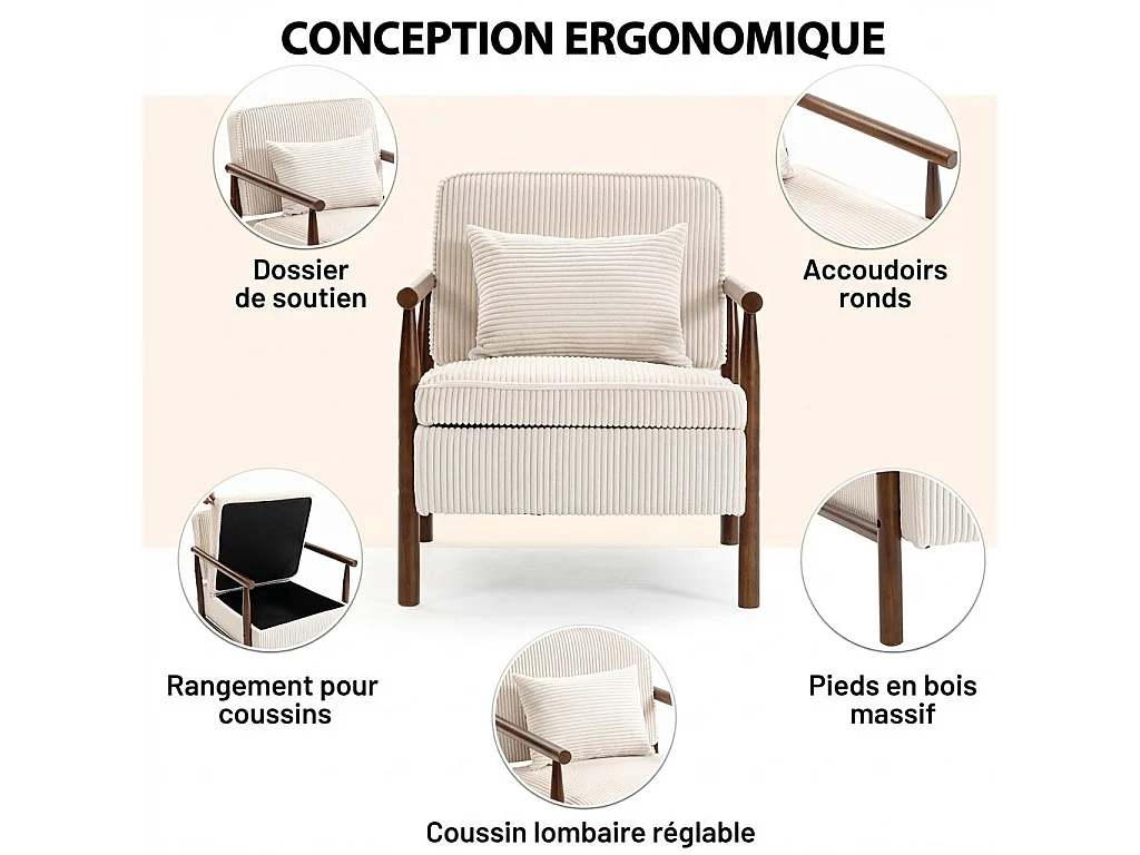 Fauteuil blanc de style médiéval en bois avec espace de rangement, convenant aux chambres et aux vérandas