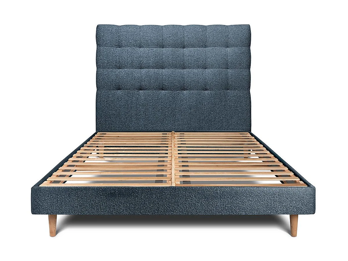 Lit 140x190cm avec tête de lit capitonnée bouclette et sommier kit Bleu - Hauteur totale : 29cm