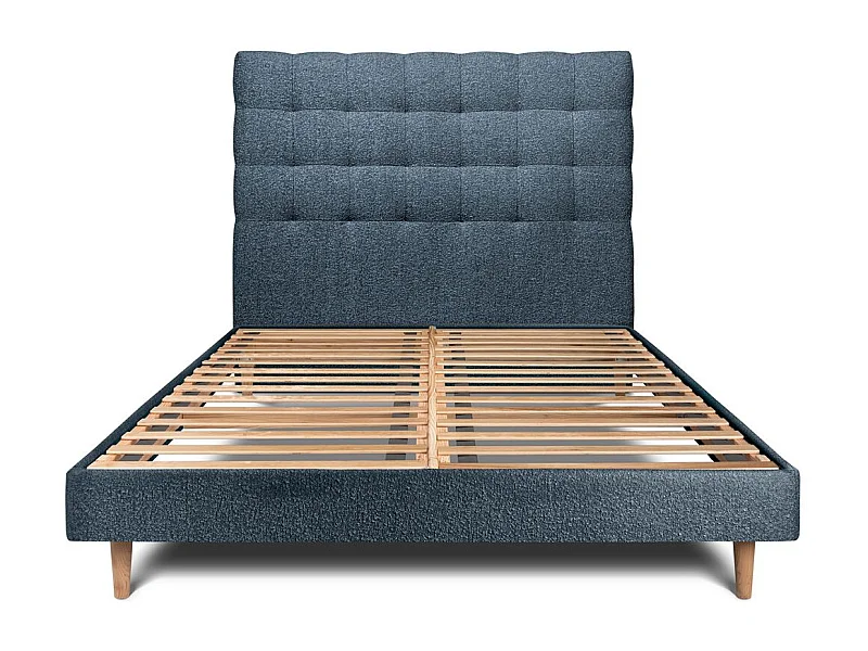 Lit 140x190cm avec tête de lit capitonnée bouclette et sommier kit Bleu - Hauteur totale : 29cm