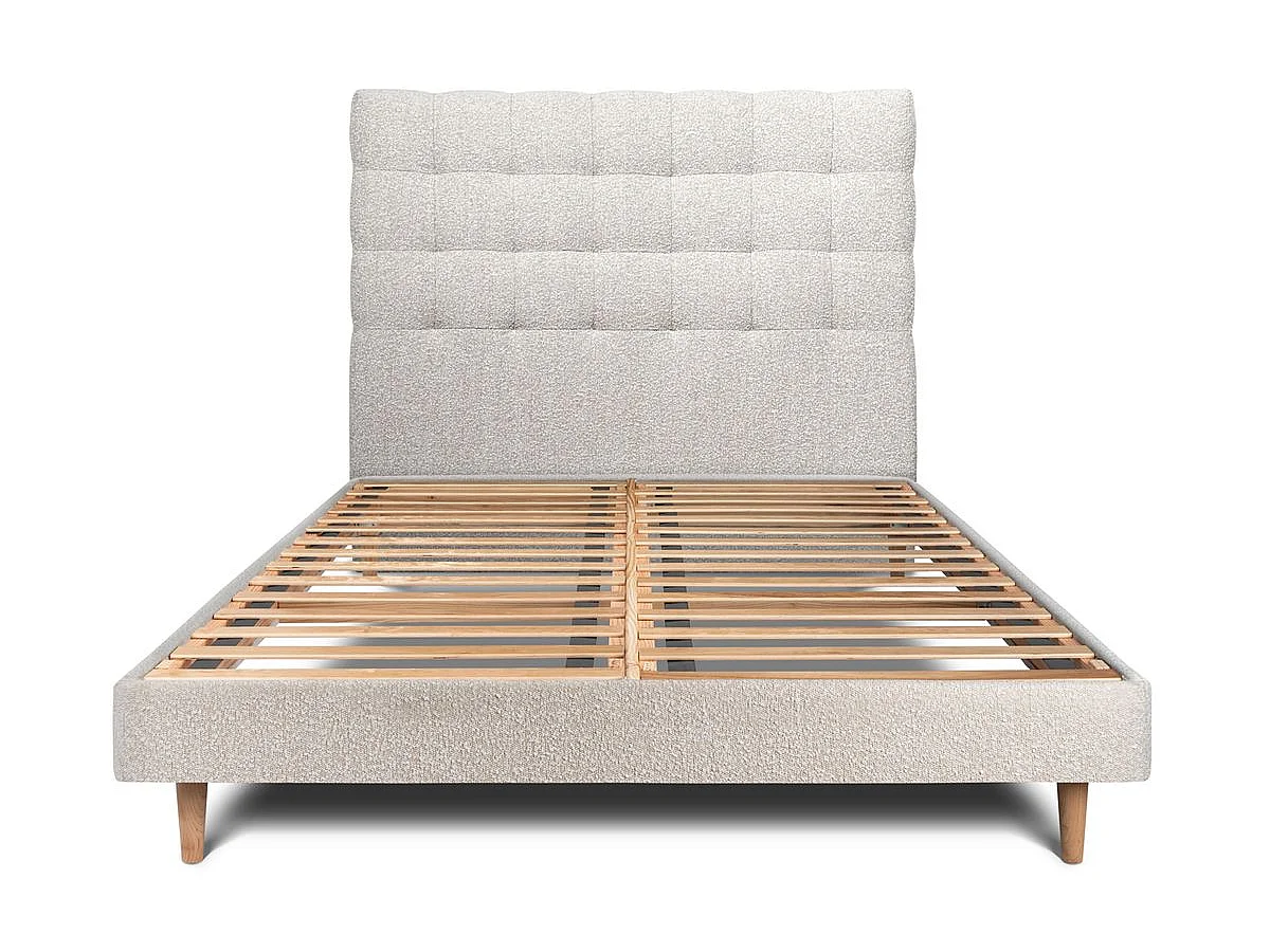 Lit 140x190cm avec tête de lit capitonnée bouclette et sommier kit Beige - Hauteur totale : 29cm