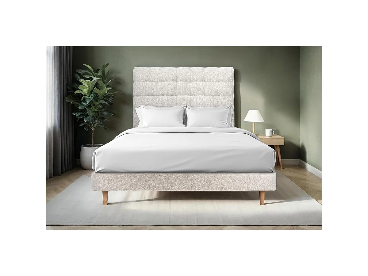 Lit 140x190cm avec tête de lit capitonnée bouclette et sommier kit Beige - Hauteur totale : 29cm