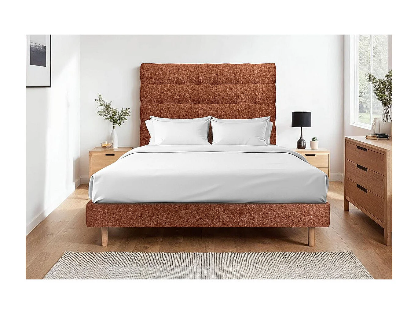 Lit 140x190cm avec tête de lit capitonnée bouclette et sommier kit Terracotta - Hauteur totale : 29cm