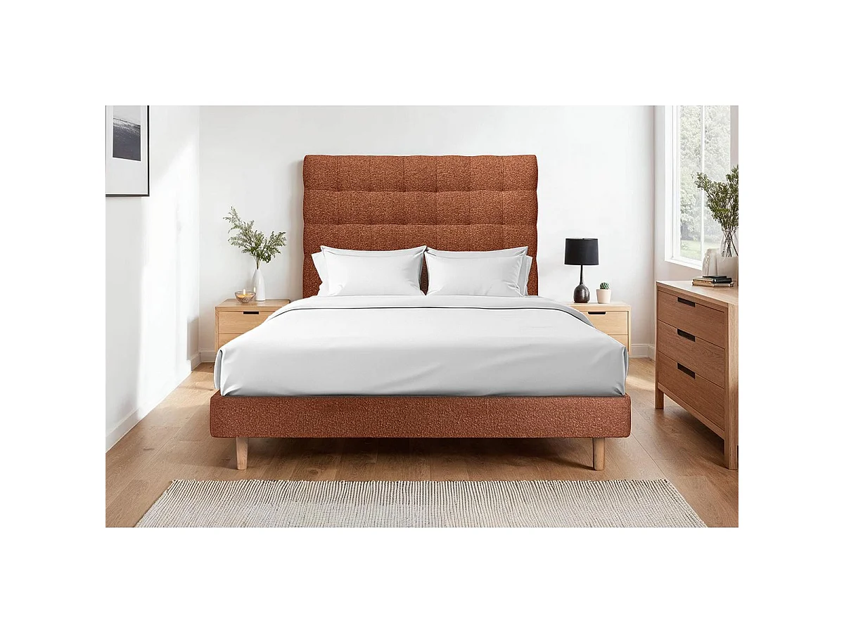 Lit 140x190cm avec tête de lit capitonnée bouclette et sommier kit Terracotta - Hauteur totale : 29cm