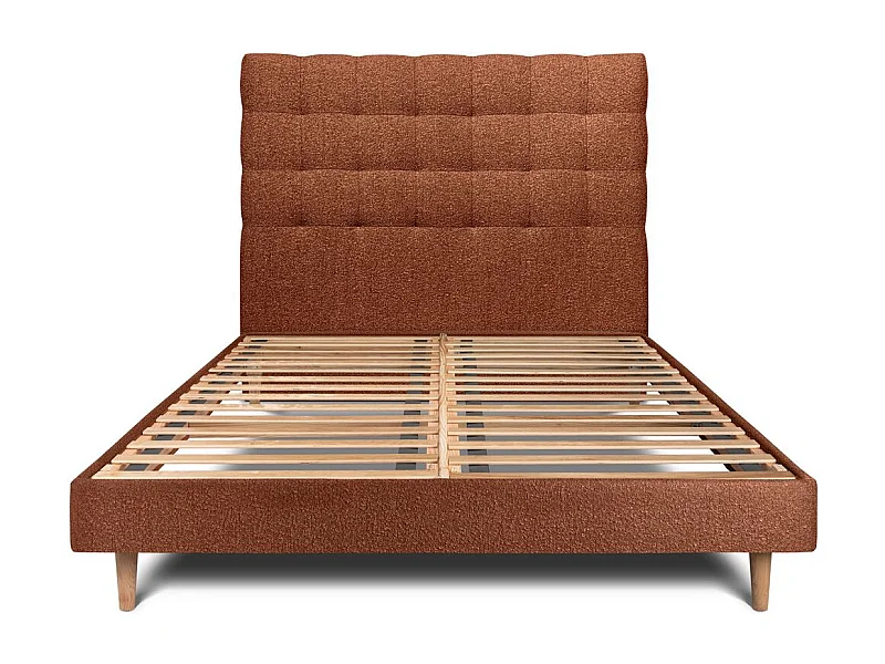 Lit 140x190cm avec tête de lit capitonnée bouclette et sommier kit Terracotta - Hauteur totale : 29cm