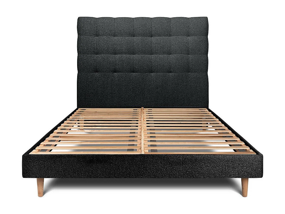 Lit 140x190cm avec tête de lit capitonnée bouclette et sommier kit Noir - Hauteur totale : 29cm