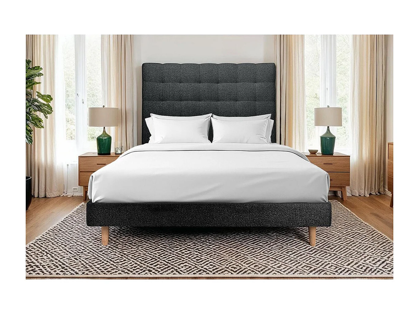 Lit 140x190cm avec tête de lit capitonnée bouclette et sommier kit Noir - Hauteur totale : 29cm