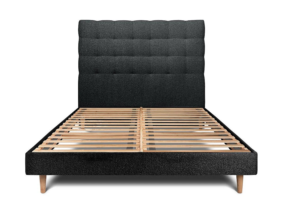 Lit 140x190cm avec tête de lit capitonnée bouclette et sommier kit Noir - Hauteur totale : 29cm