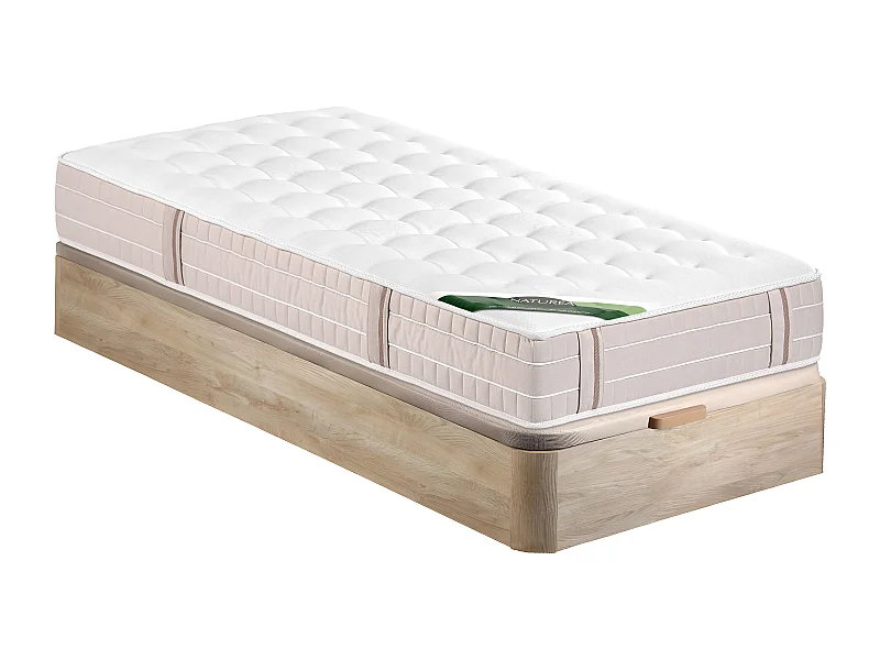 Ensemble 90 x 190 cm sommier coffre naturel clair + matelas ressorts ensachés 5 zones accueil mémoire de forme et coutil anti-punaises de lit ép.24cm - VIREVO de NATUREA