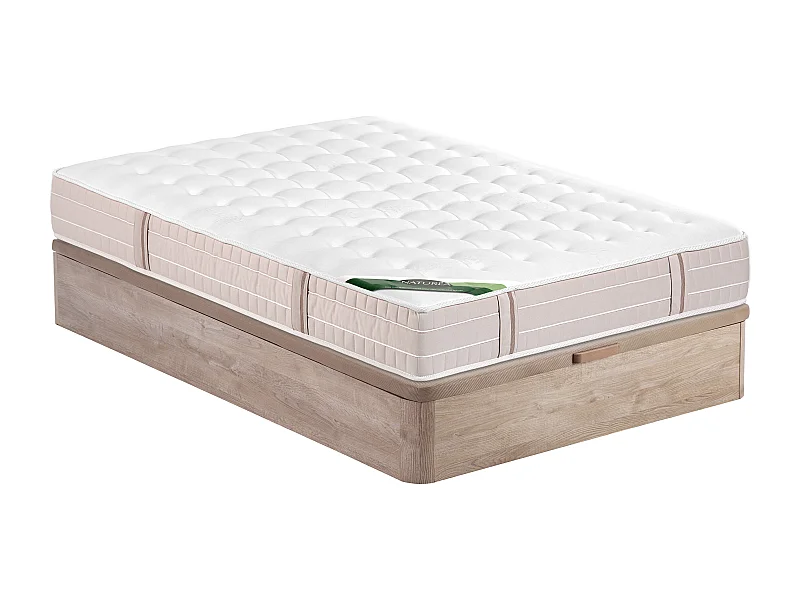 Ensemble 140 x 190 cm sommier coffre naturel clair + matelas ressorts ensachés 5 zones accueil mémoire de forme et coutil anti-punaises de lit ép.24 cm - VIREVO de NATUREA