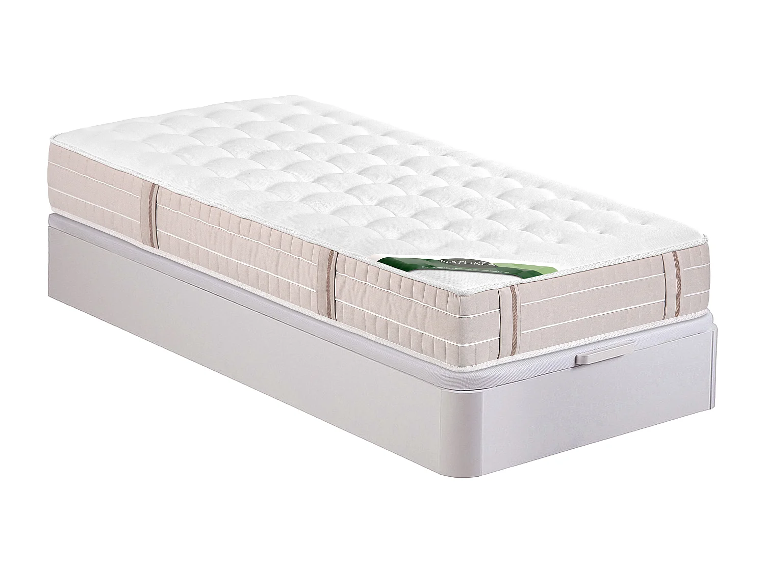 Ensemble 90 x 190 cm sommier coffre blanc + matelas ressorts ensachés 5 zones accueil mémoire de forme et coutil anti-punaises de lit ép.24 cm - VIREVO de NATUREA