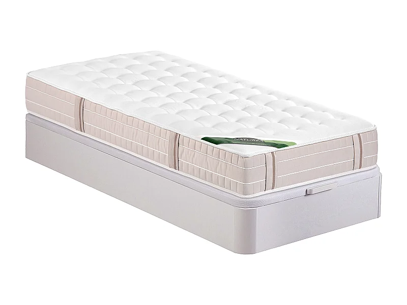 Ensemble 90 x 190 cm sommier coffre blanc + matelas ressorts ensachés 5 zones accueil mémoire de forme et coutil anti-punaises de lit ép.24 cm - VIREVO de NATUREA