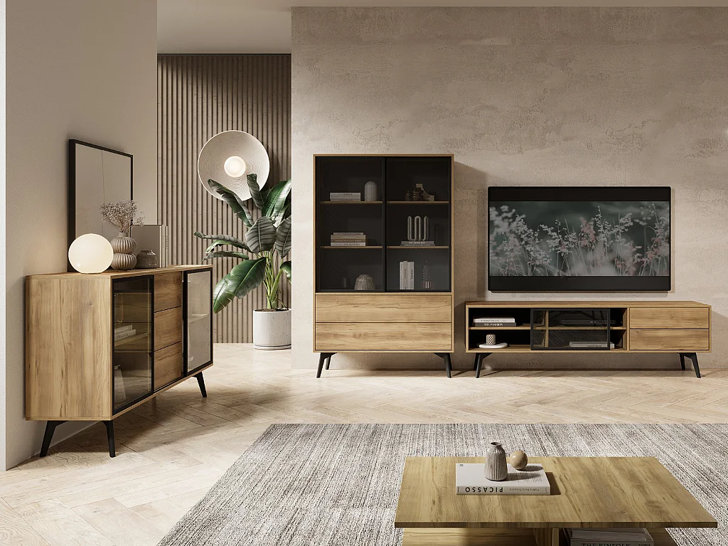 Móvel TV AMBIHOME SIDEWAY - Preto/Carvalho, C180xA54xP39cm