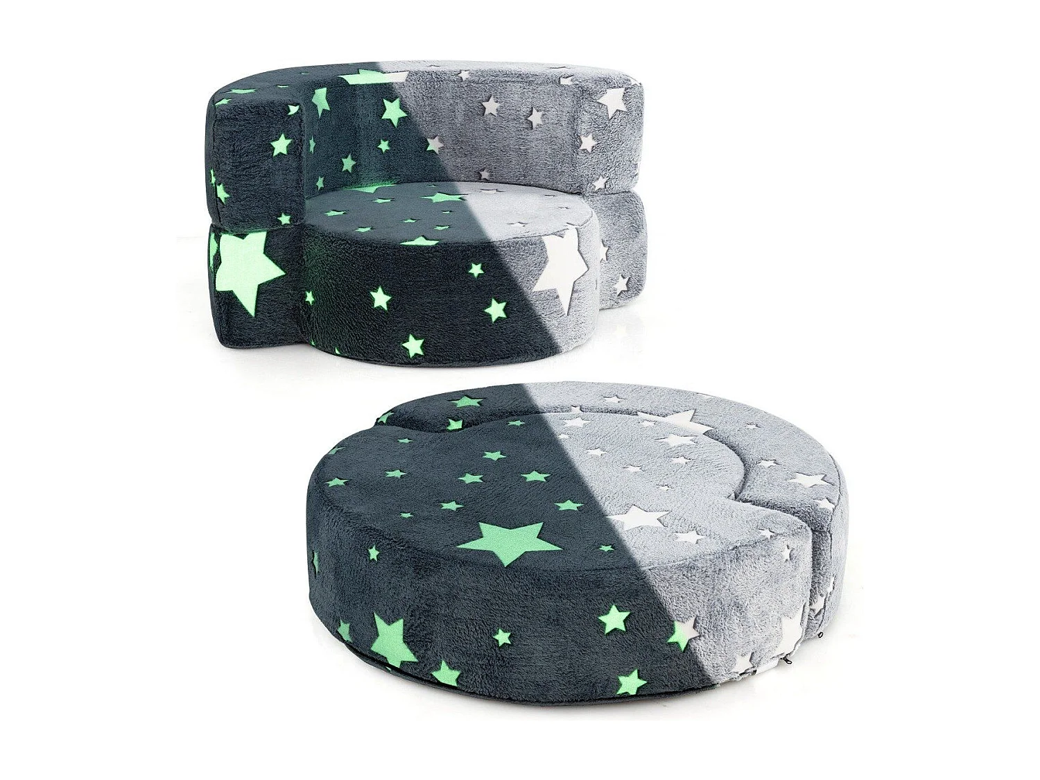 Canapé 2 en 1 pour enfants, canapé de jeu rond, brillant dans le noir, housse grise
