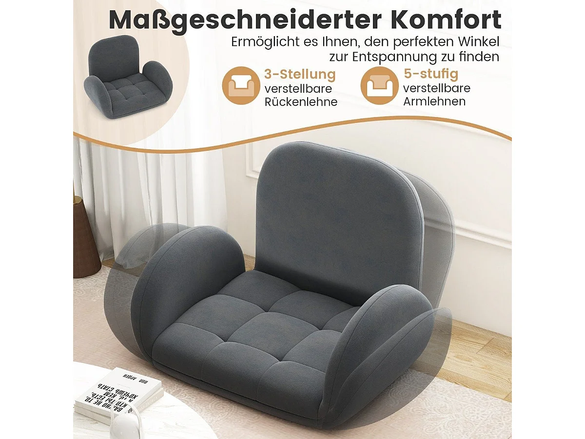 Chaise de sol avec dossier et accoudoirs réglables, chaise pliante grise