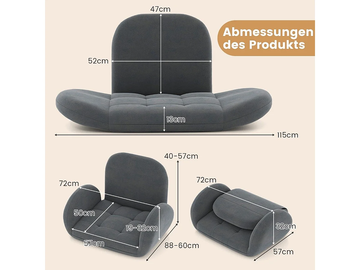 Chaise de sol avec dossier et accoudoirs réglables, chaise pliante grise