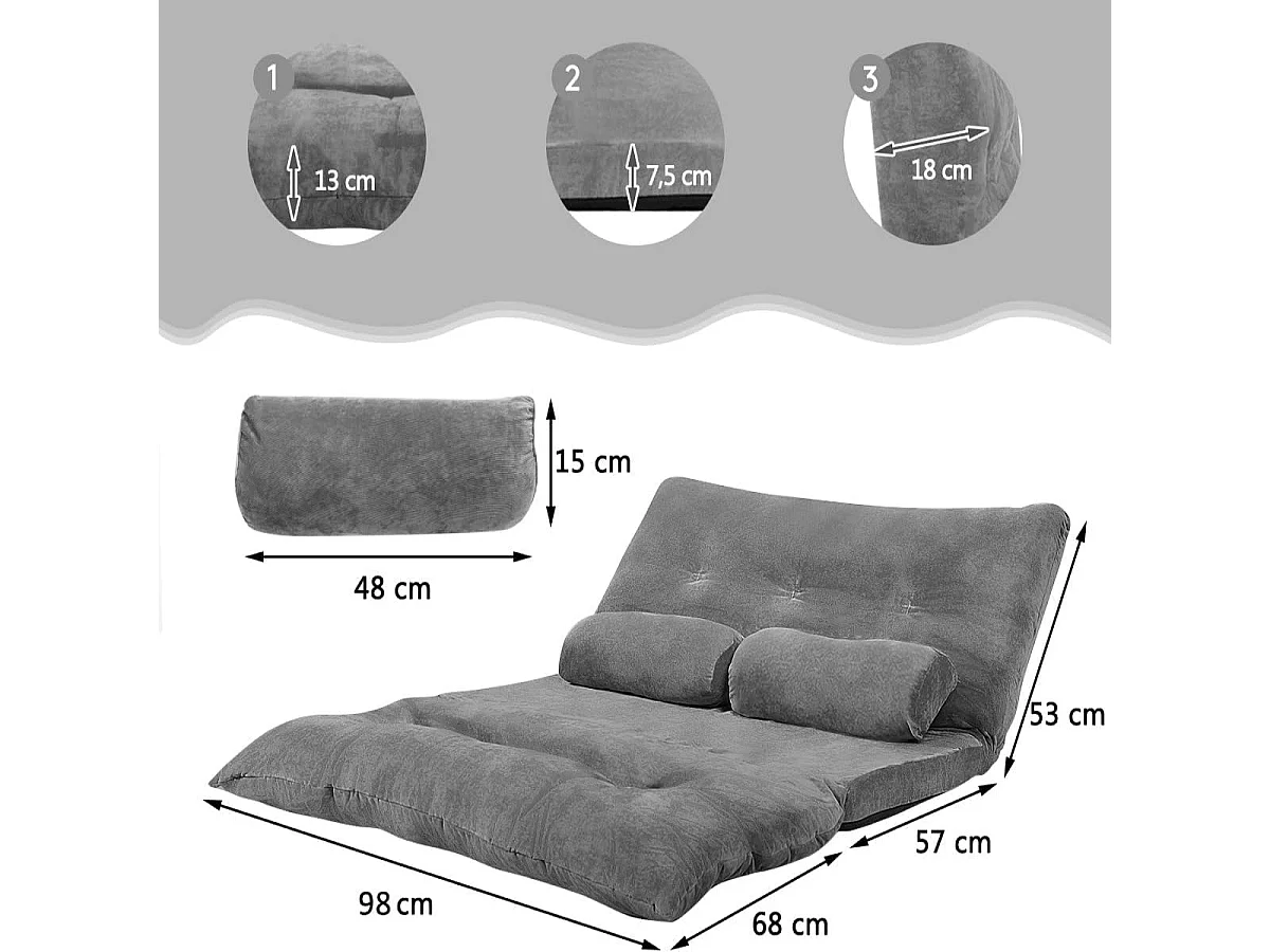Canapé de sol réglable, inclinable 6 positions, 178 x 98 x 18 cm, gris